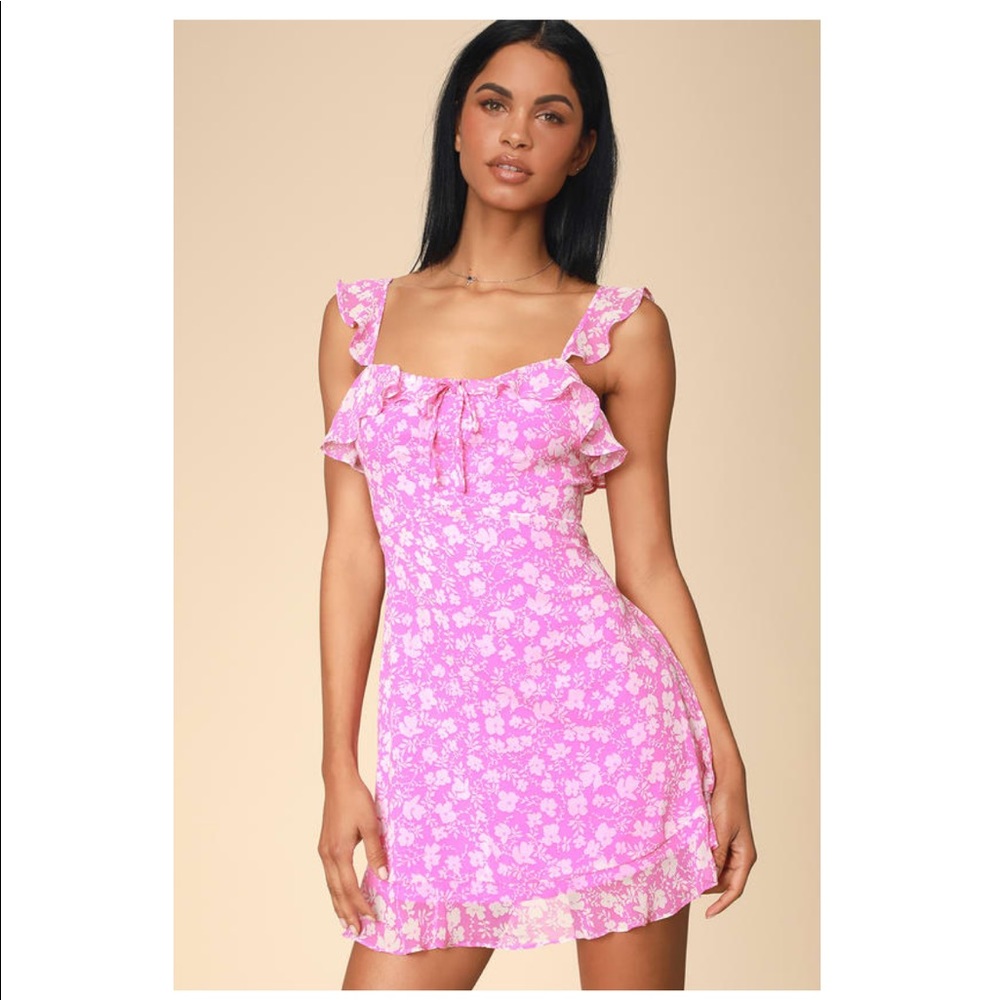 Lulus Livi Pink Floral Print Ruffled Skater Dress size XS